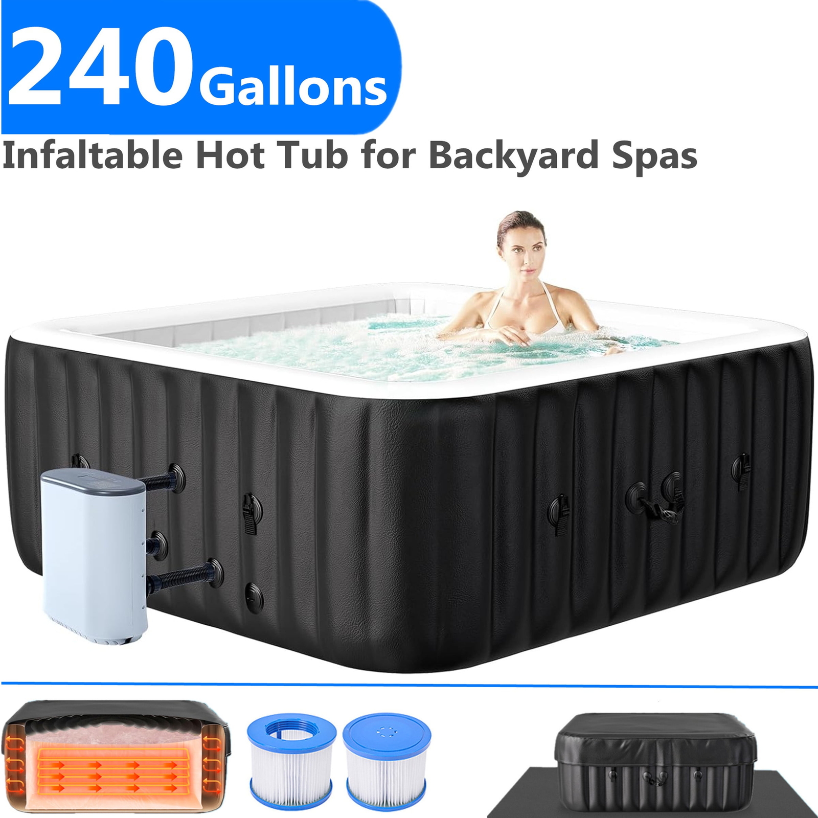 NAIZEA 240 Gallon Inflatable Hot Tub 6 Person Control Panel With 130 Bubble Jets