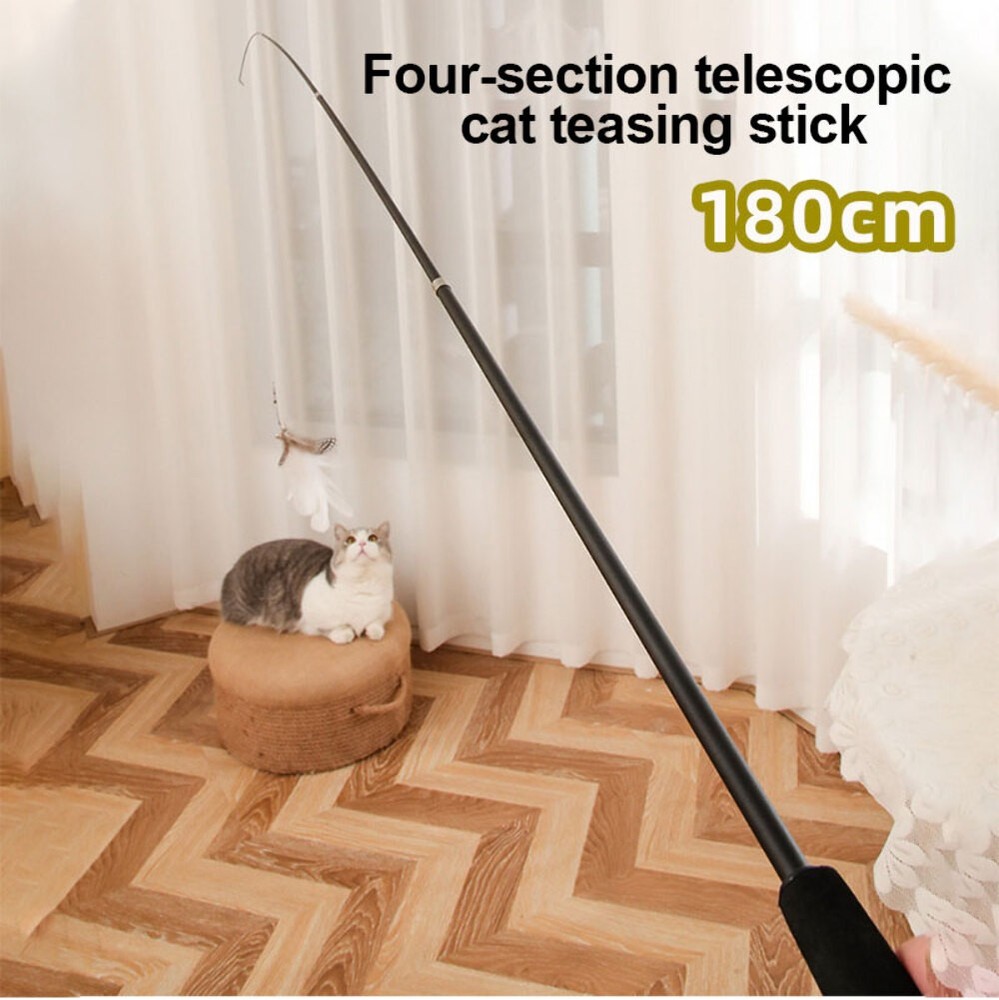Pet Toy Cat-teasing Stick Extendable 180cm Rod Feather Replacement Head Adjustab