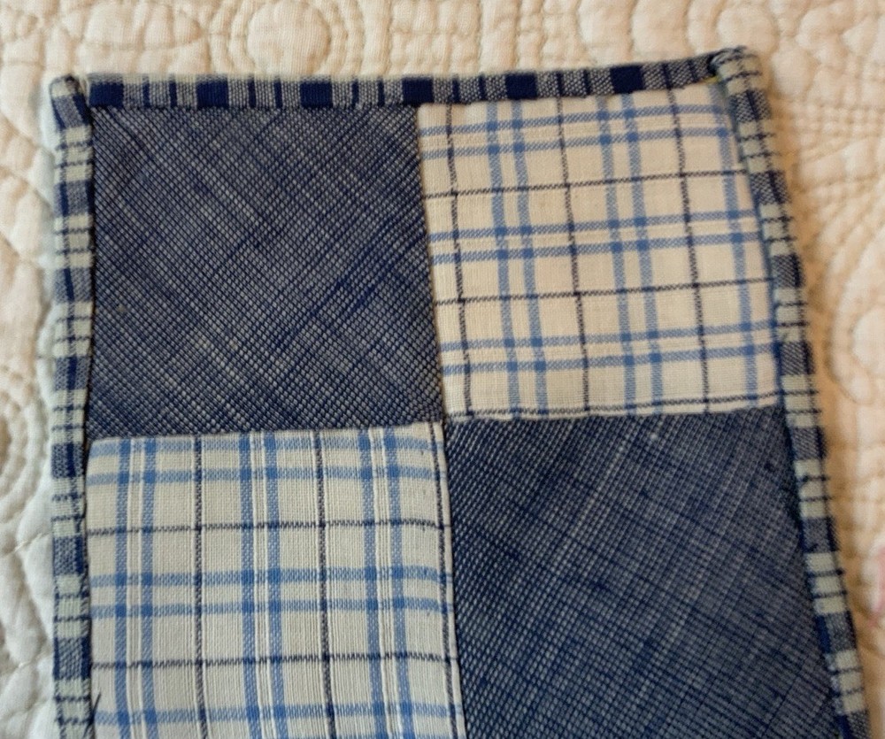 Antique Vintage Patchwork Quilt Table Topper, Small, Four Patch, Blue, White