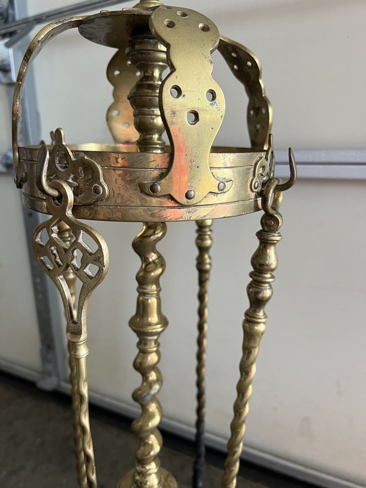 Vintage Fireplace Tool Set/stand With Crown 5 Piece Set