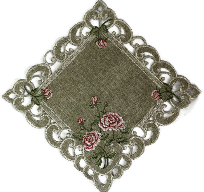 Doily Boutique Table Runner, Doily, Mantel Scarf with Pink Rose on Green Burlap