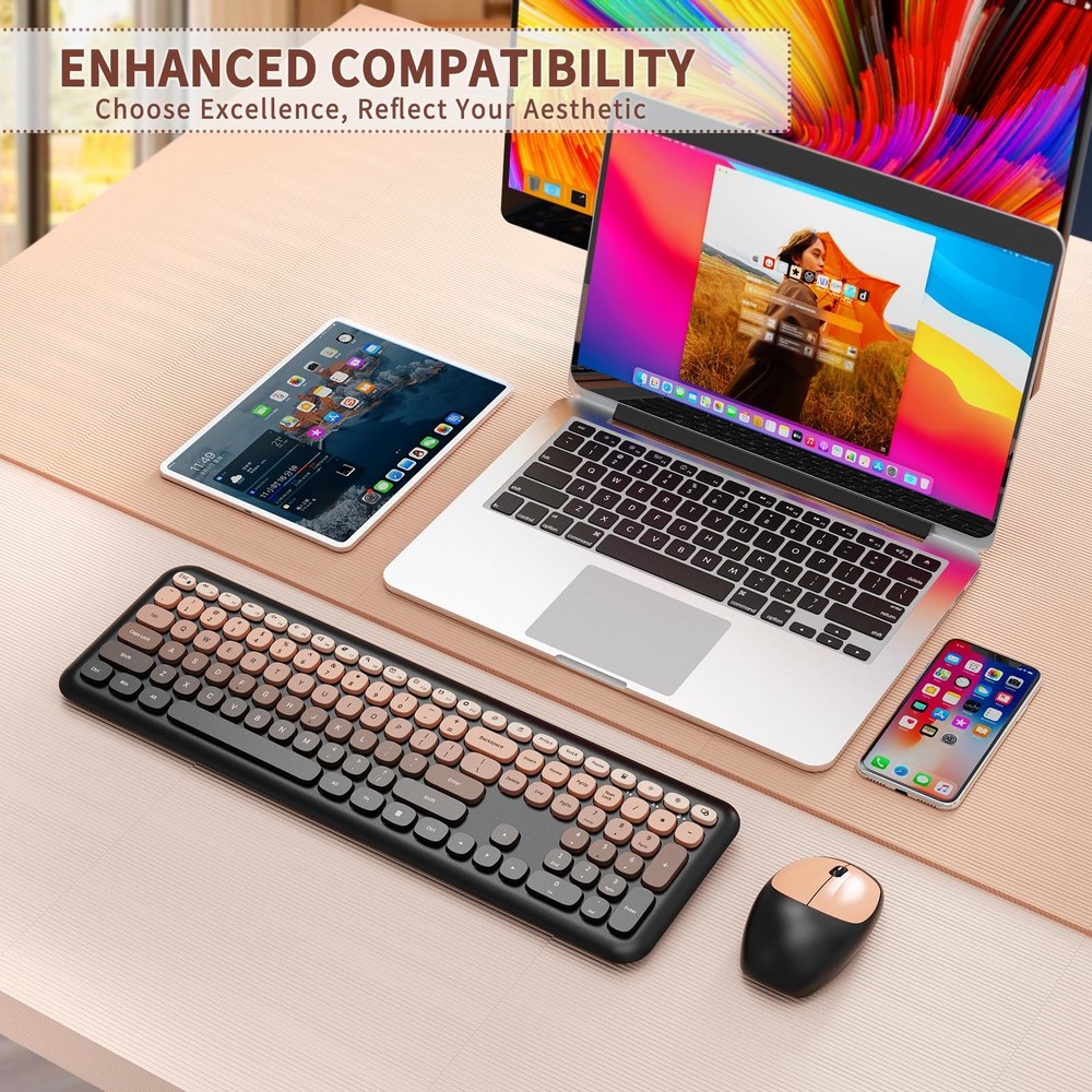 Wireless Keyboard Mouse Combo FullSize Retro Typewriter Round Keycaps Red Set