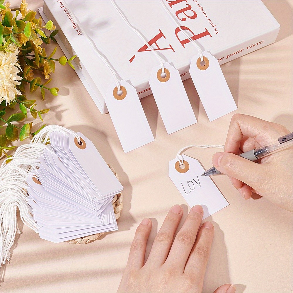 100pcs White Blank Gift Tags with String Rectangle Hanging Merchandise