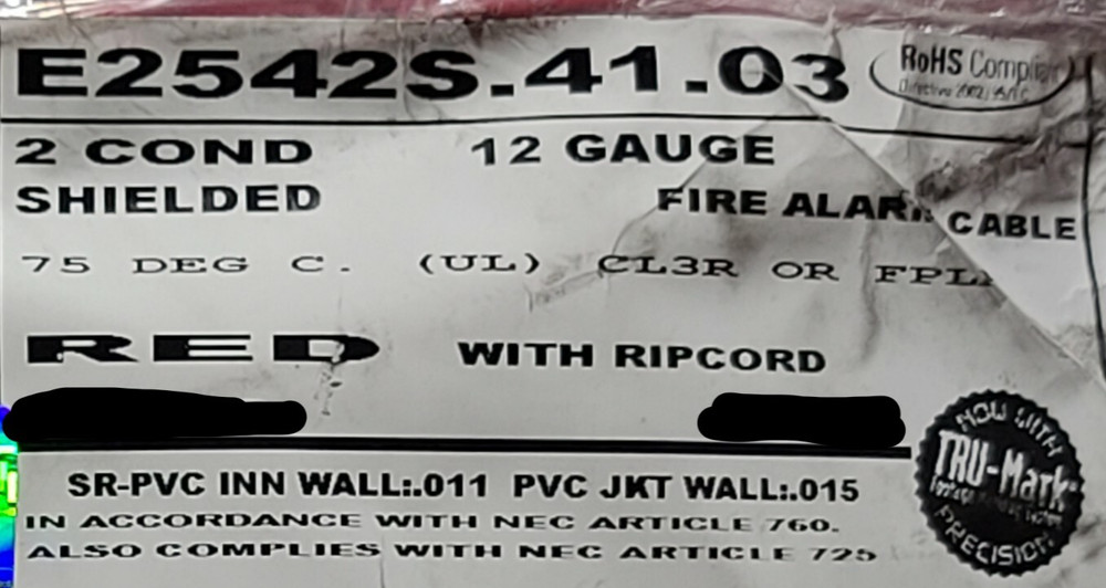 Carol E2542S 12/2C Solid Shielded Riser Red Alarm Cable Wire FPLR/CL3R /50ft