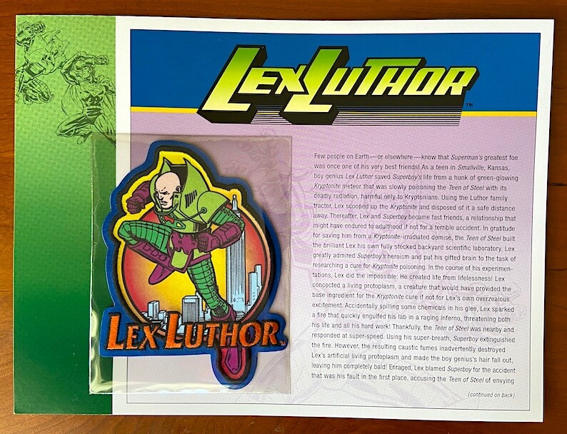 LEX LUTHOR PATCH on INFO CARD ~ Willabee & Ward ~ DC COMICS PATCH COLLECTION