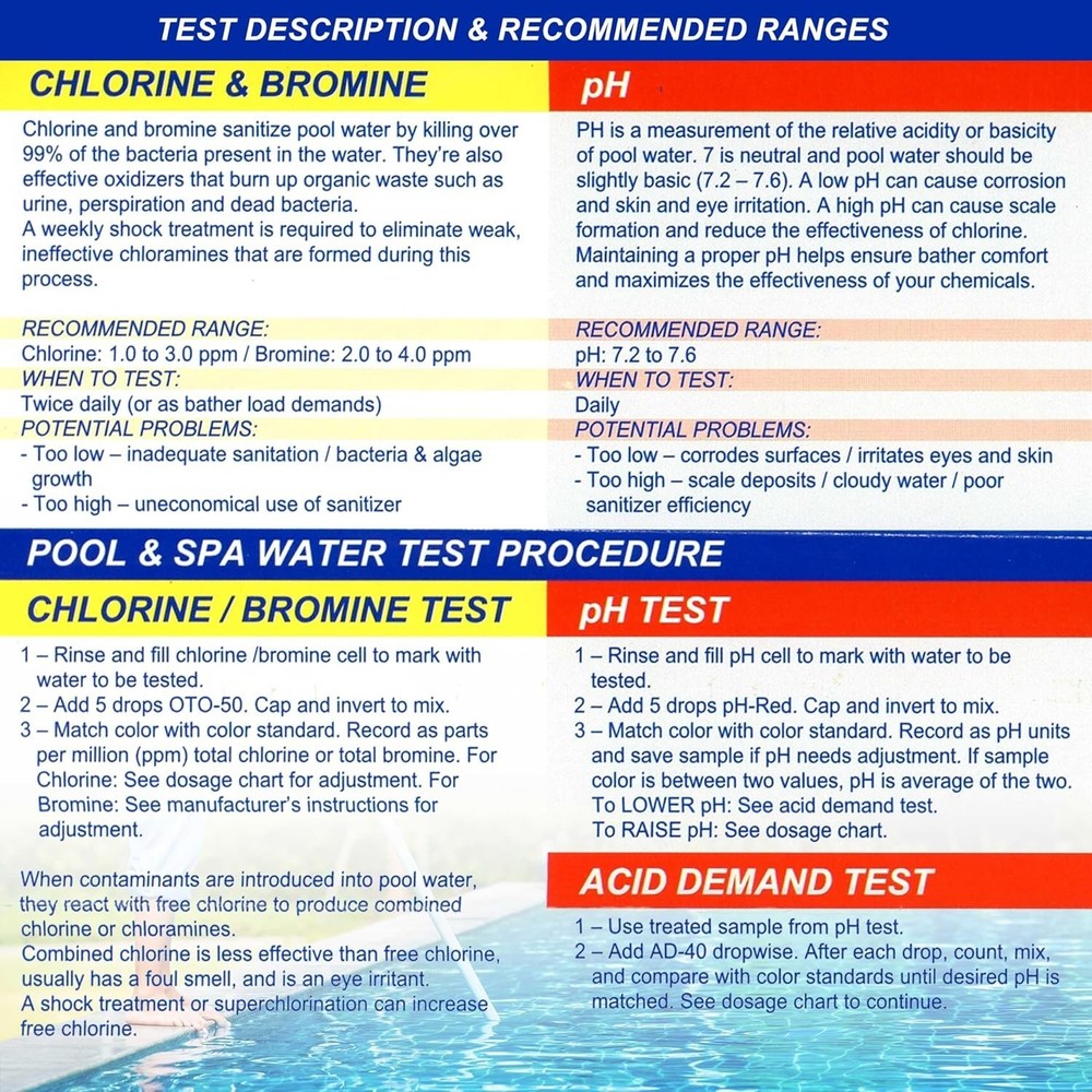 Pool & Spa Kit Refill Solutions Chlorine pH Bromine 2 Bottles New 80 Charact...
