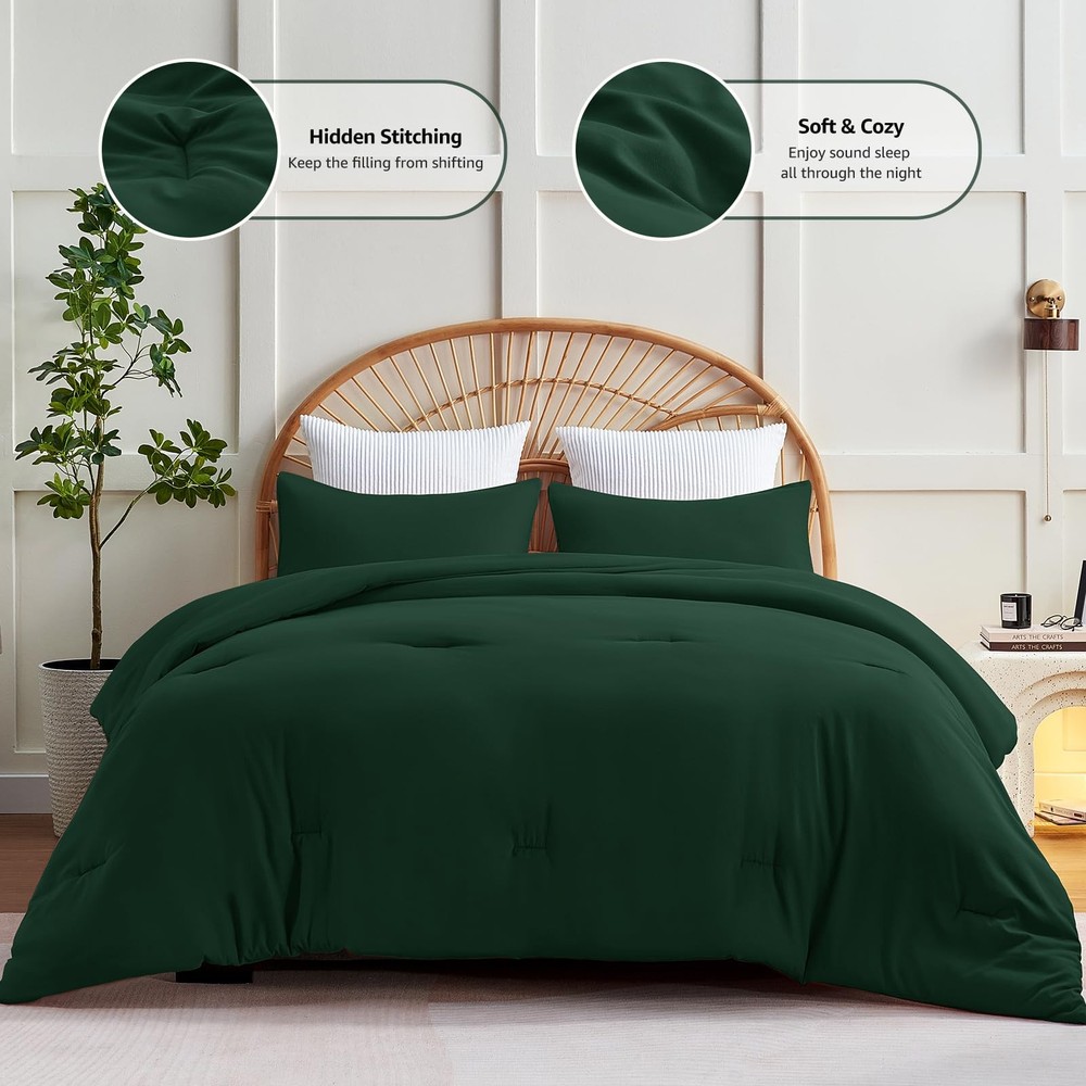 King Size Comforter Set Emerald Green, 3 Pieces Solid Comforters King Size Br...