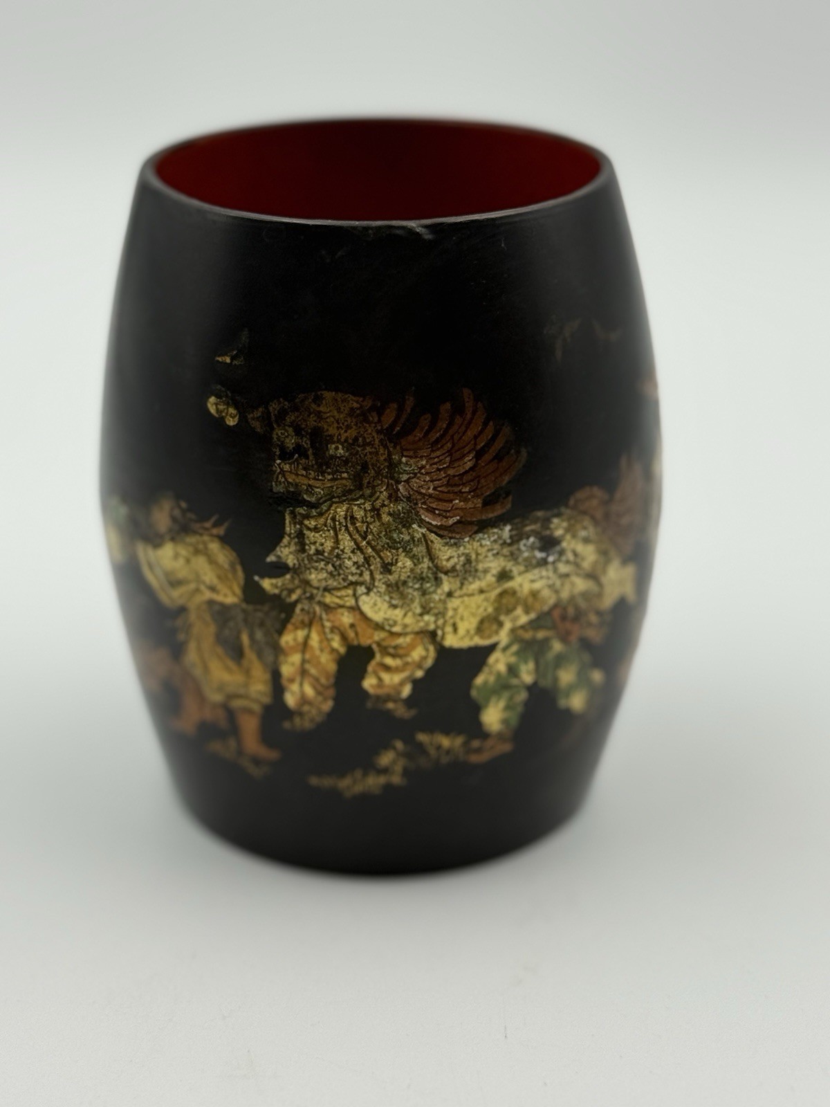 Antique Vietnamese Sơn Mài Lacquer Brush Pot • Múa Lân Lion Dance • Hand Painted