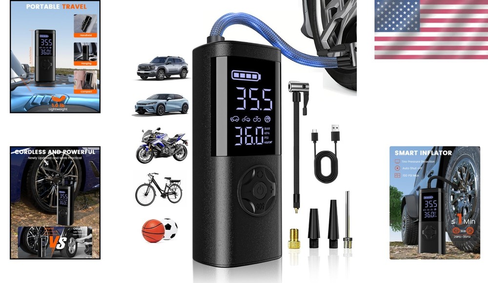 Mini Air Compressor with Emergency LED Light & Cordless Operation for Vehicles