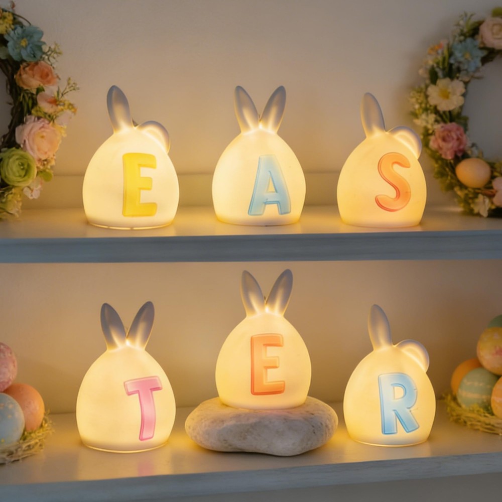 6 Pack Easter Lettered Bunny Decorations, Ceramic Lighted White Rabbit Figurines