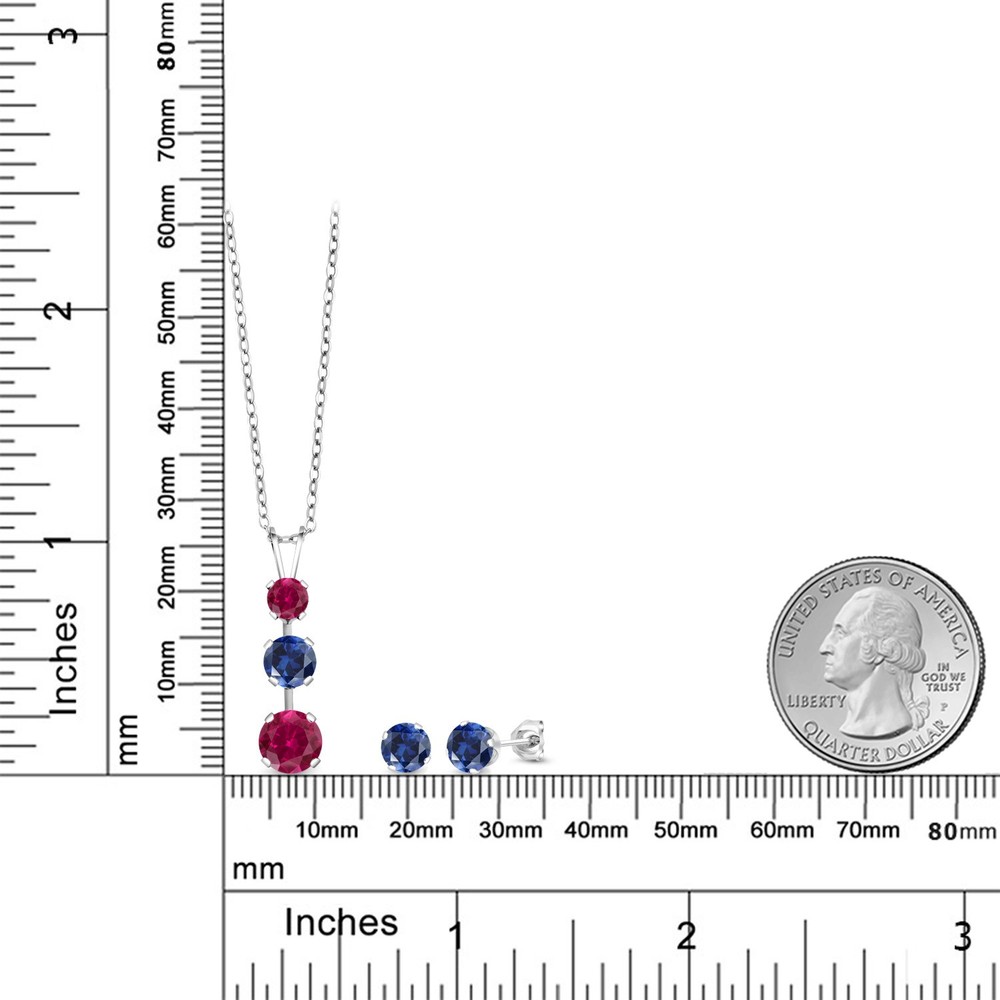 925 Sterling Silver Created Ruby and Created Sapphire Pendant and Earrings
