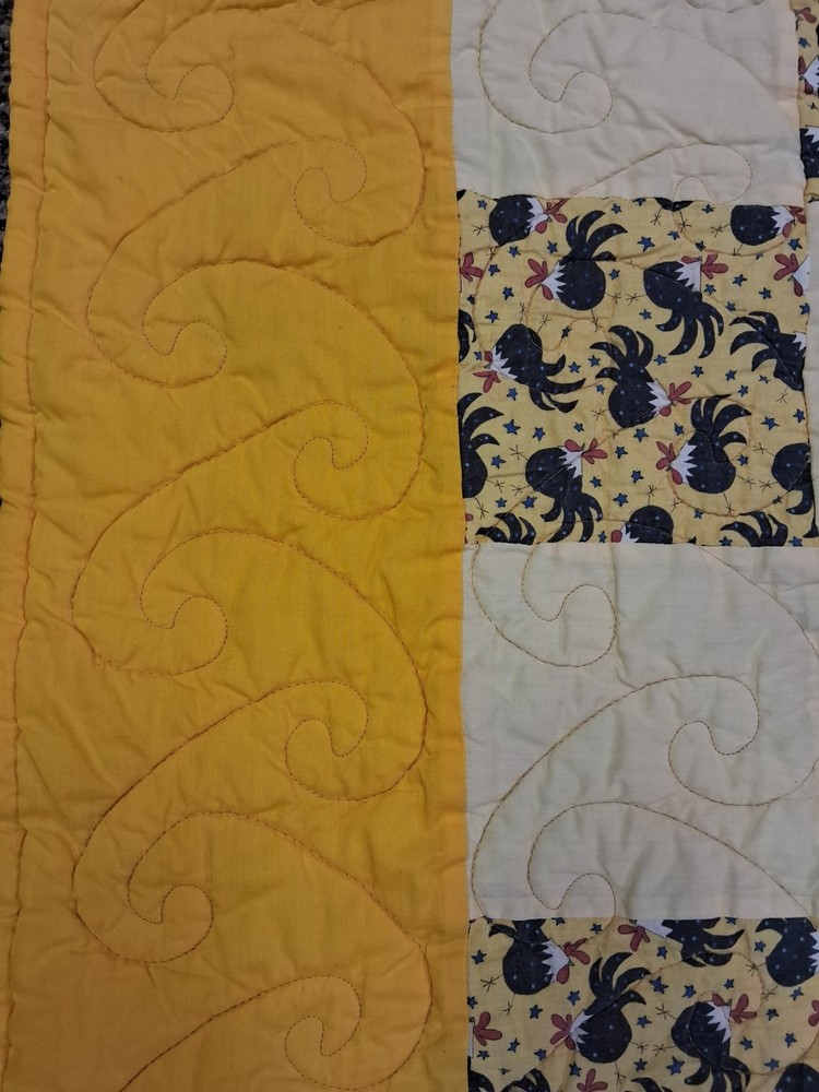 Vintage Patchwork Quilt Double Sided Rooster Chicken Theme 62x75" Yellow