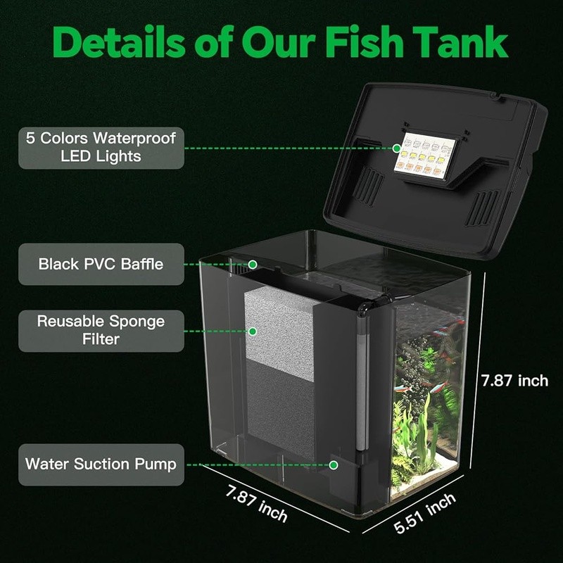 Complete Fish Tank Kit W/ LED Lights Self Cleaning Filtration System Betta Fish