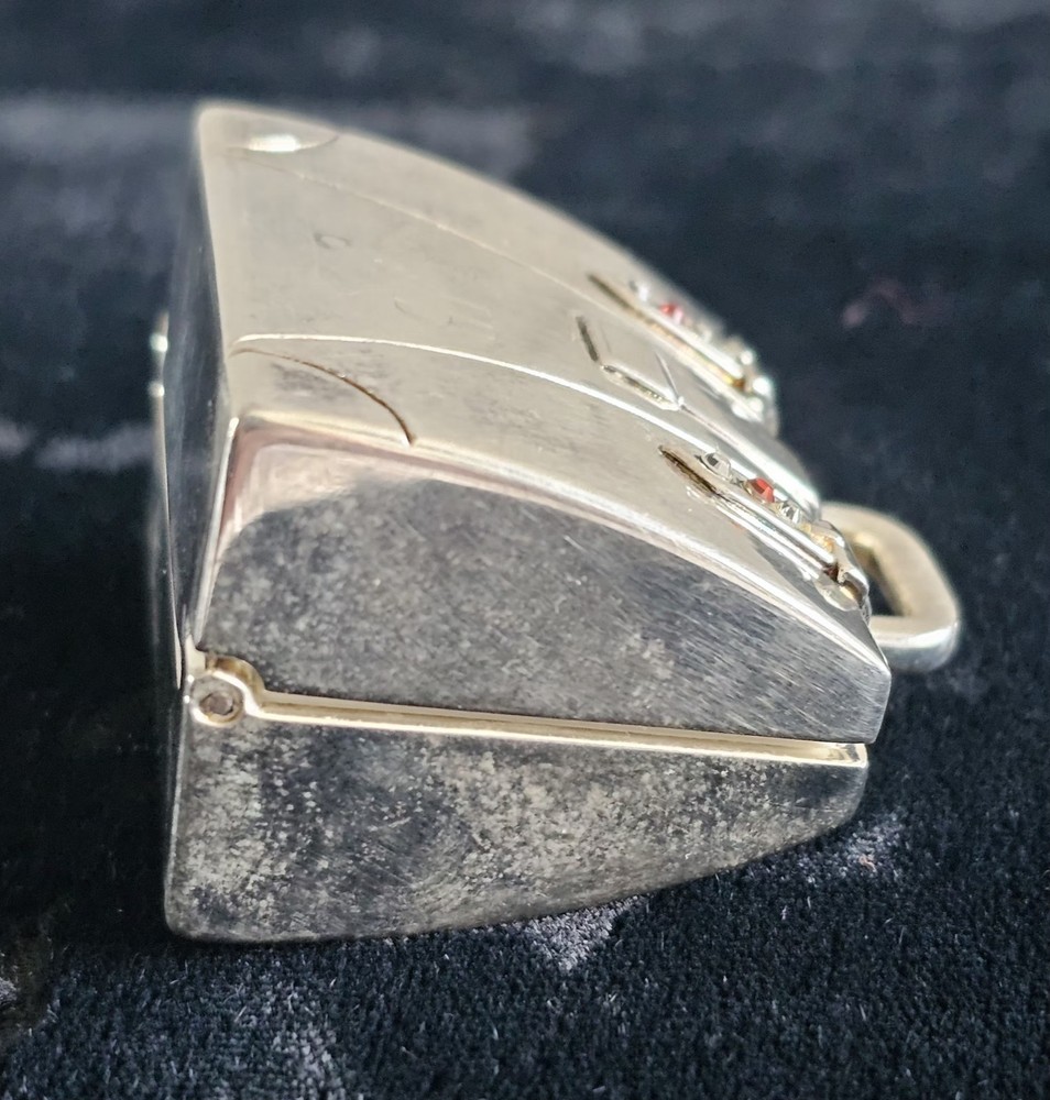 Vintage Silver Tone Mini Suitcase Trinket/Pill Box Red Rhinestones Engraved SJB