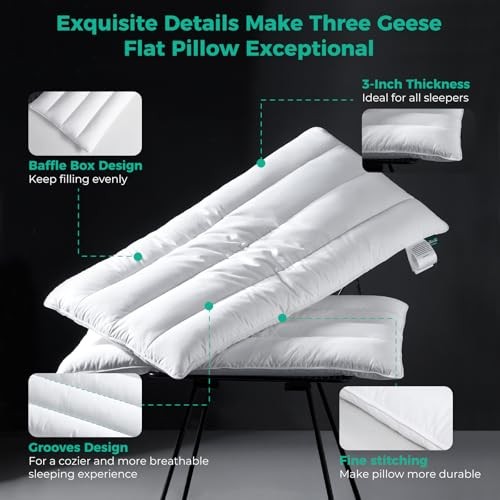 Luxury Thin Flat Goose Feather Down Pillows 18" x 30" - 2 Packs Solid White