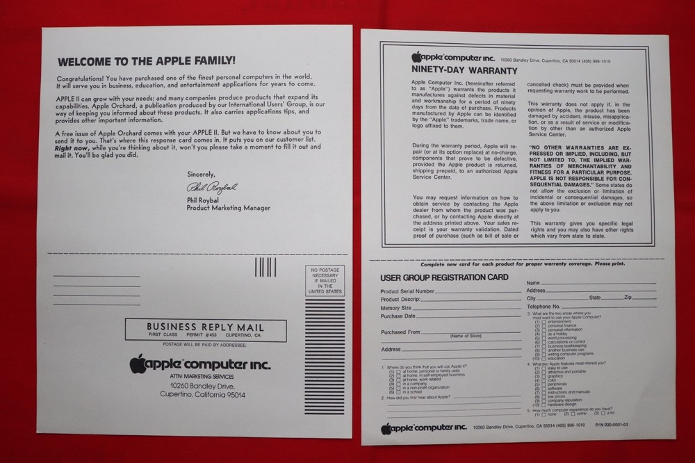 VINTAGE APPLE II COMPUTER WARRANTY, REGISTRATION, USER IMPUT FORMS