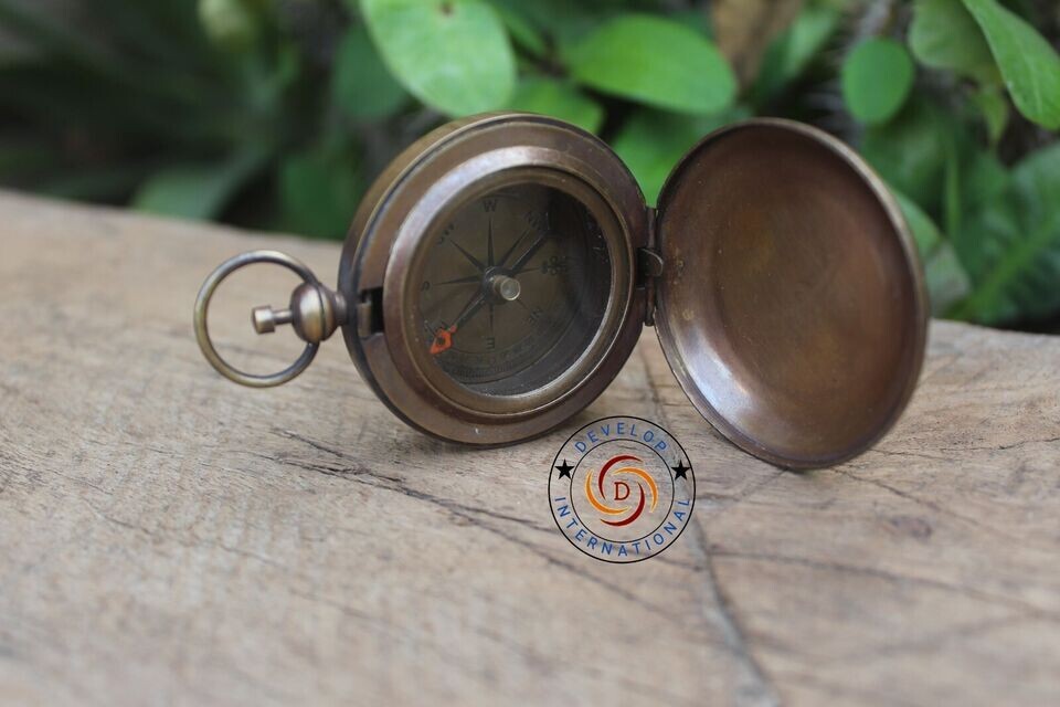 Vintage Handmade Push Button Compass Antique Brass Compass Pocket Style Gift