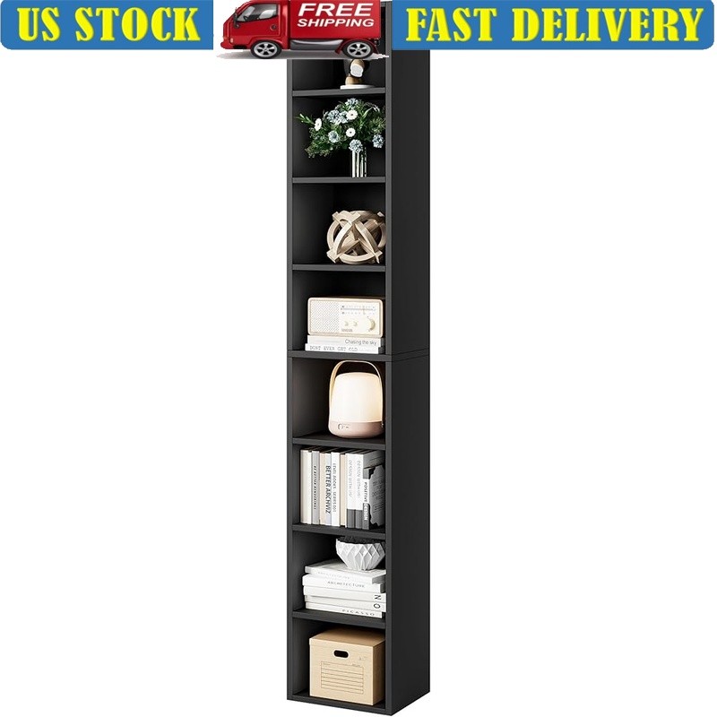 Tall Narrow 8 Tier Bookcase Adjustable Storage Shelf Space Saving CD DVD Rack US