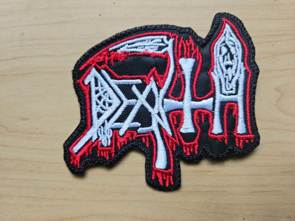 DEATH,SEW ON WHITE AND RED EMBROIDERED PATCH