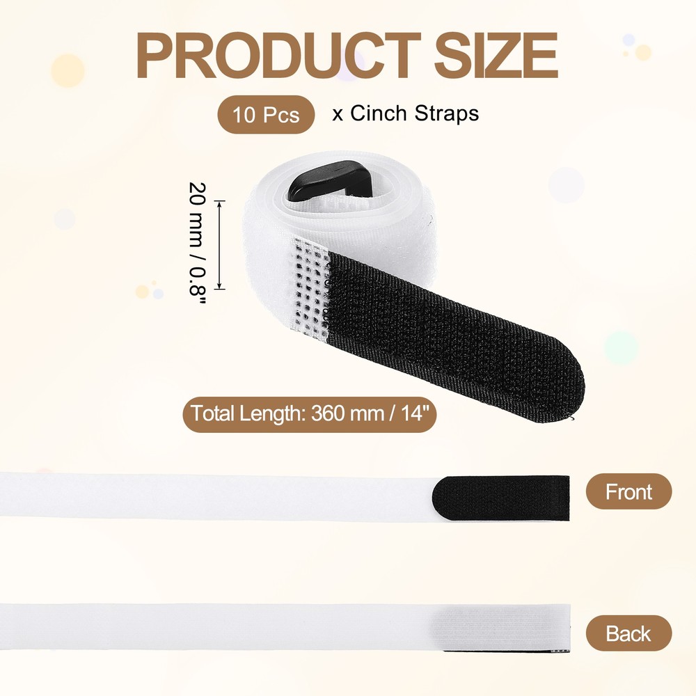 10pcs Reusable Cinch Straps 0.8"x14" Hook and Loop Cable Securing Straps, White