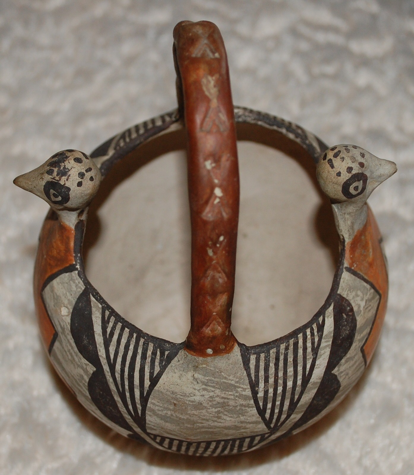 Early Isleta Double-Headed Pottery Bowl w/eight X engraved handle-1910-1920's