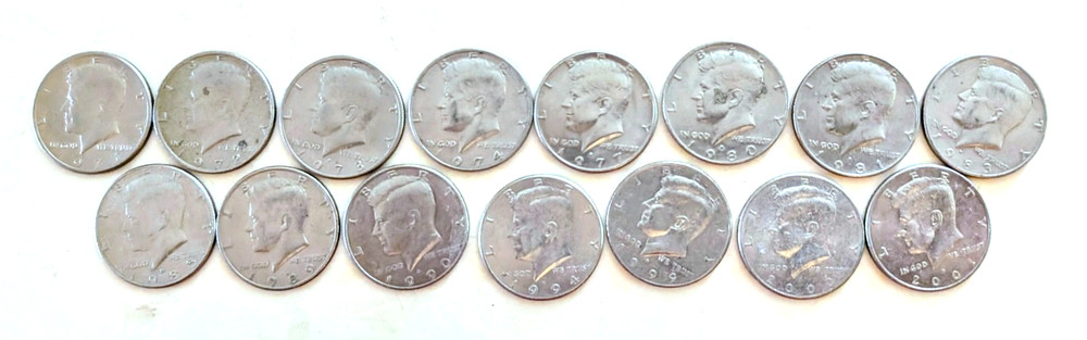 US Currency - 15 Kennedy Half Dollars - All Different Mint Dates ,listed in desc