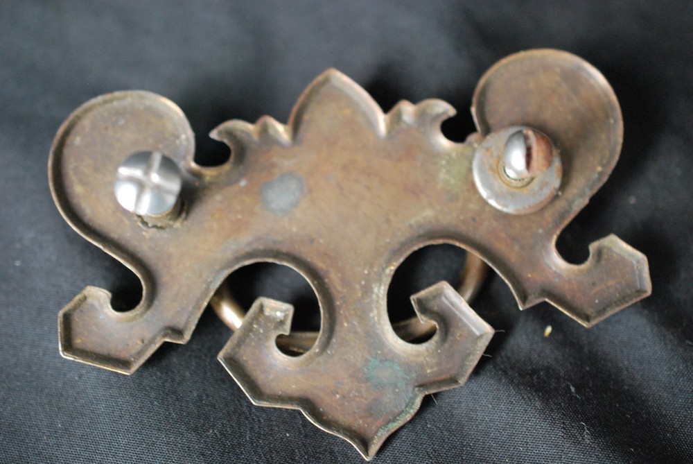 Pair Vintage Fleur-de-Lis Brass Drawer Pulls 2.25" OC Posts 3.75" Length