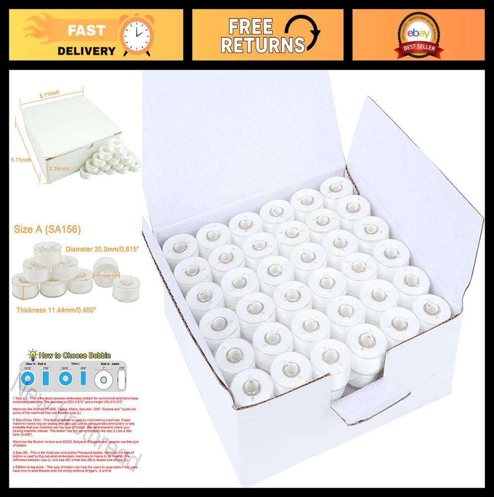 144pcs White Prewound Bobbin Thread Size A for Embroidery & Sewing Machine - Sof