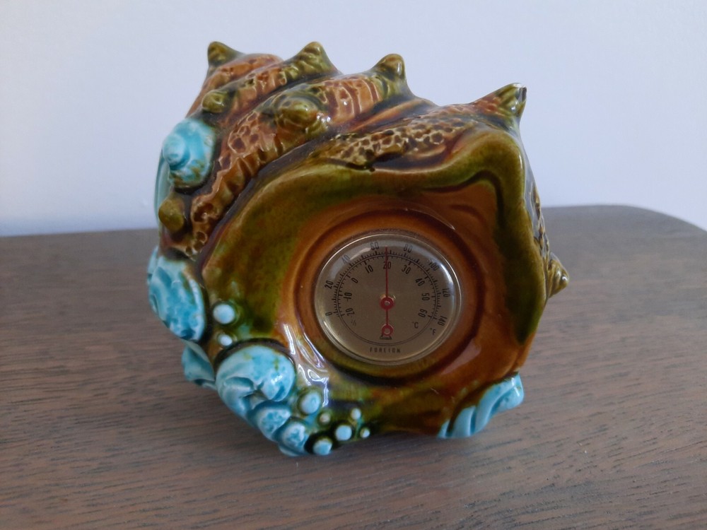 VTG Minco Foreign Thermometer Ceramic Seashell Beach Waves Brown Blue Shell