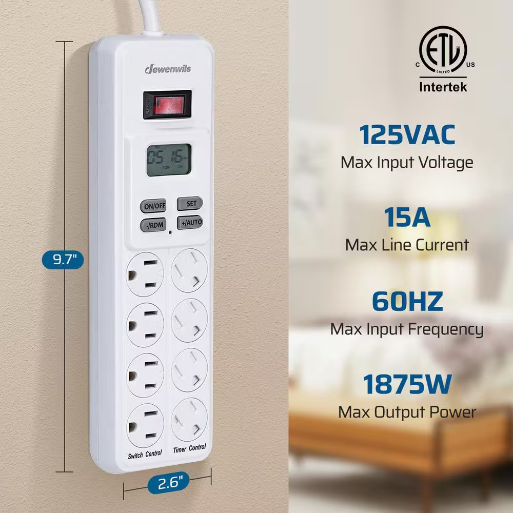 Mechanical Indoor Timer Power Strip with 8-Outlets, Countdown, Flat Plug, 6 Ft.