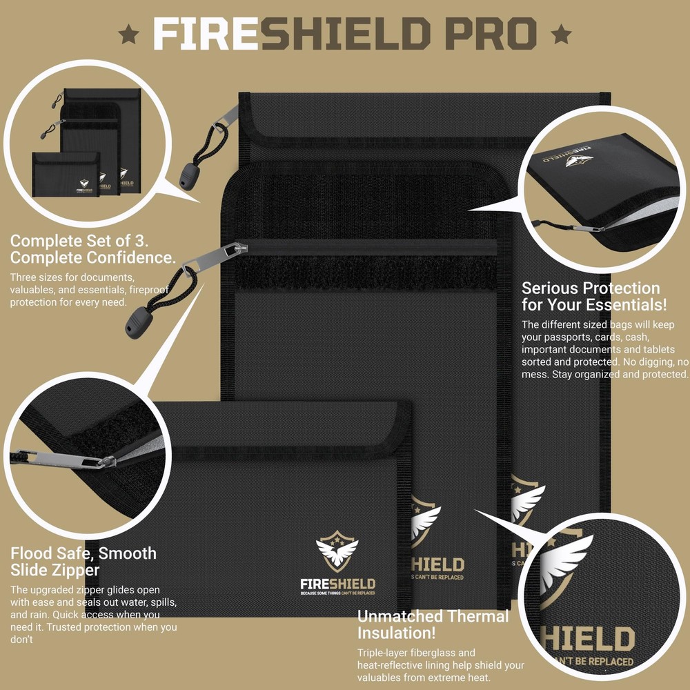 Best FIRESHIELD PRO Upgraded 2000F Fireproof Document Bag 3-Pack Fire & Water