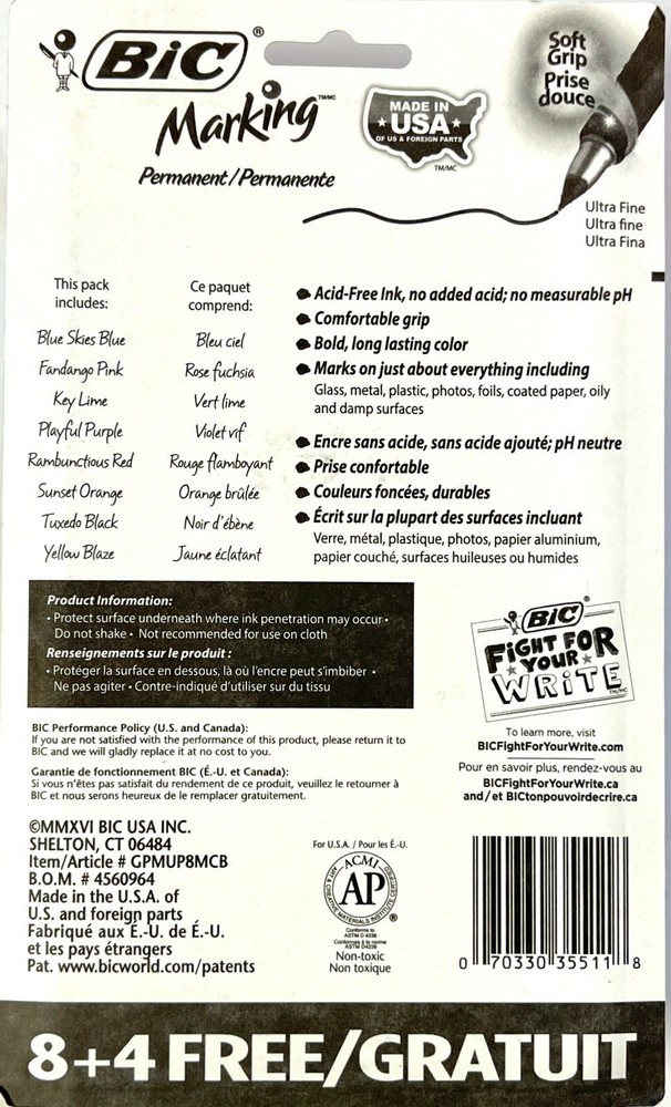 BIC Marking Permanent Markers Soft Grip Ultra Fine Point Assorted Colors 8+4 Pc.