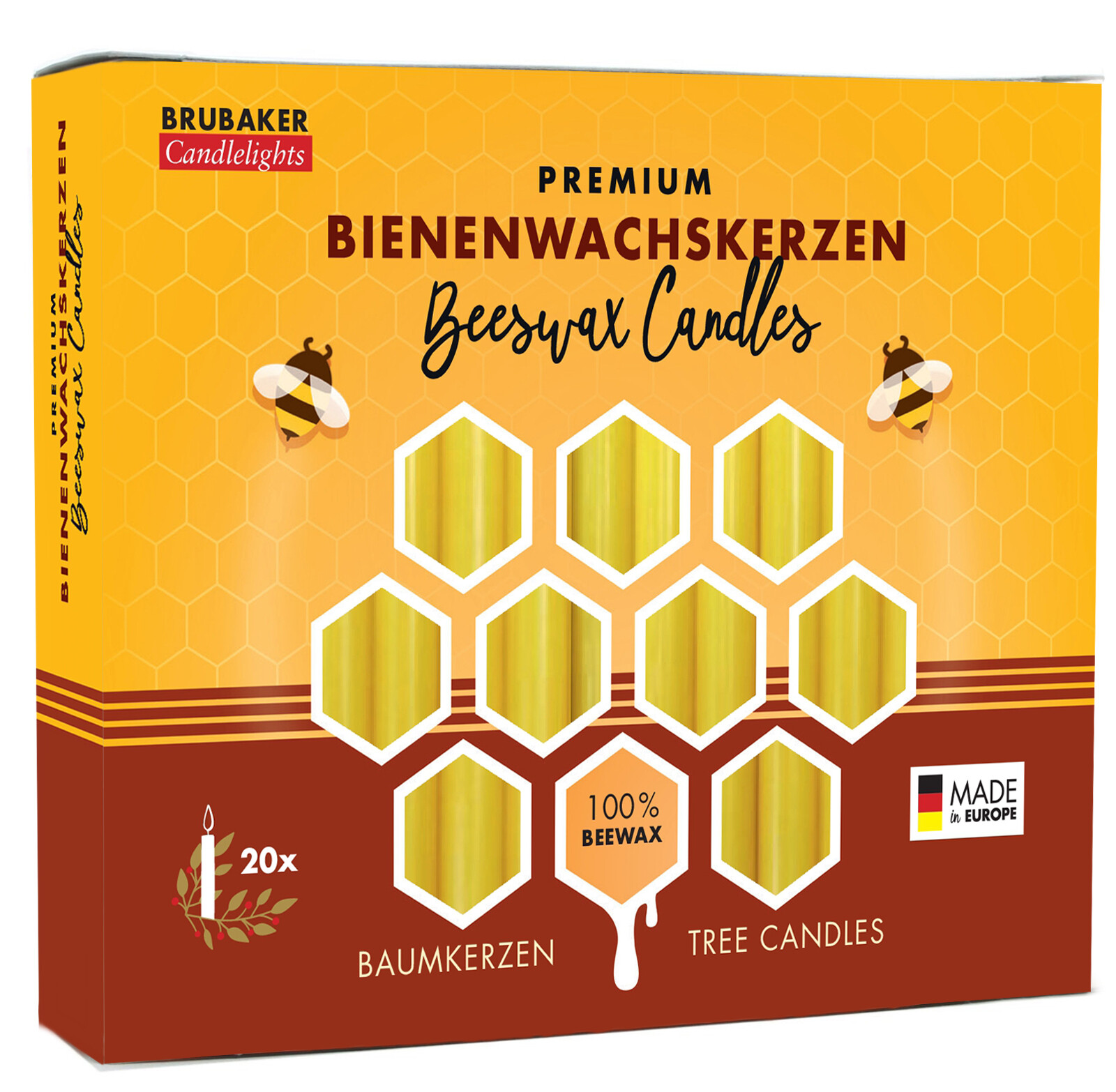 BRUBAKER 100% Beeswax Tree Candles - Pack of 20 - Honey Colored - 3.74"