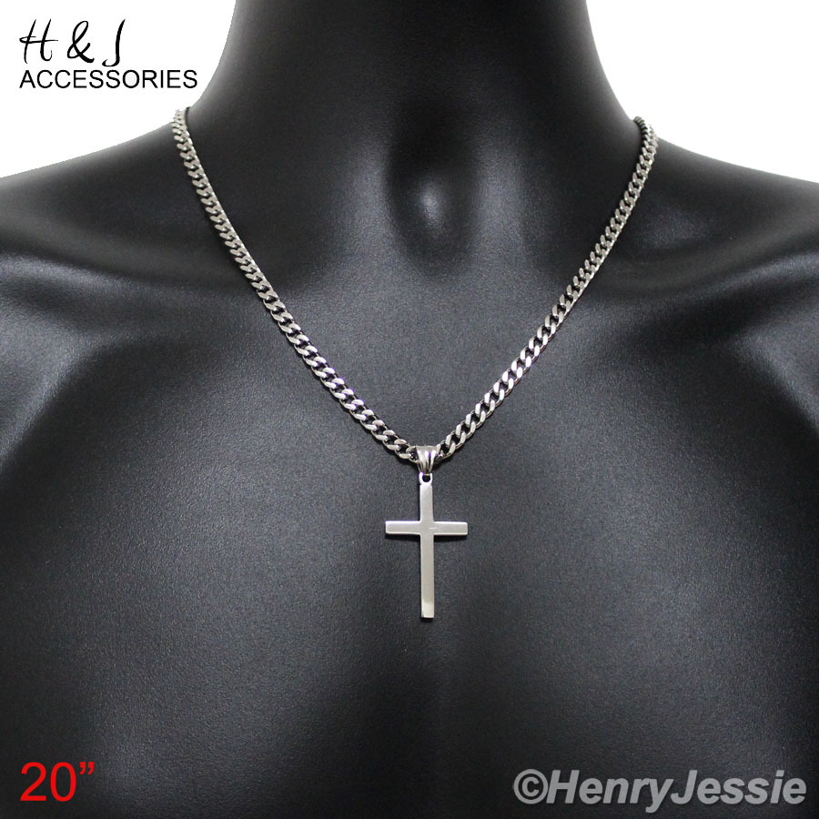 18"-36"MEN Stainless Steel 5mm Silver Cuban Curb Necklace Plain Cross Pendant*29
