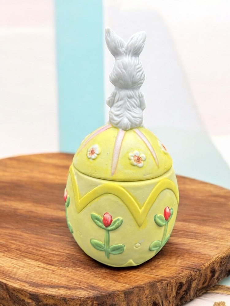 Vintage Porcelain Easter Bunny Easter Egg Shape Covered Box Dish Trinket Dish