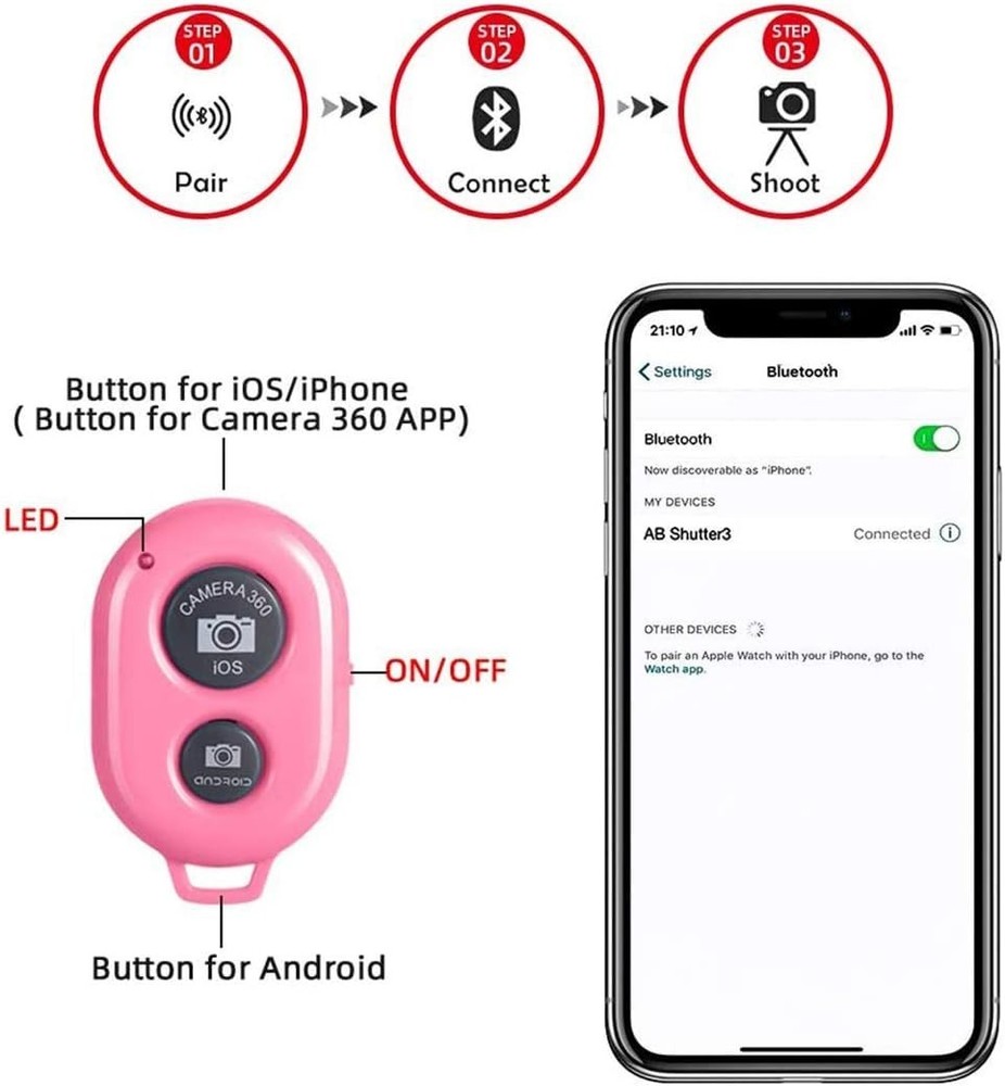 Wireless Camera Shutter Remote for Smartphones - Black, 30ft Range, Rechargeable