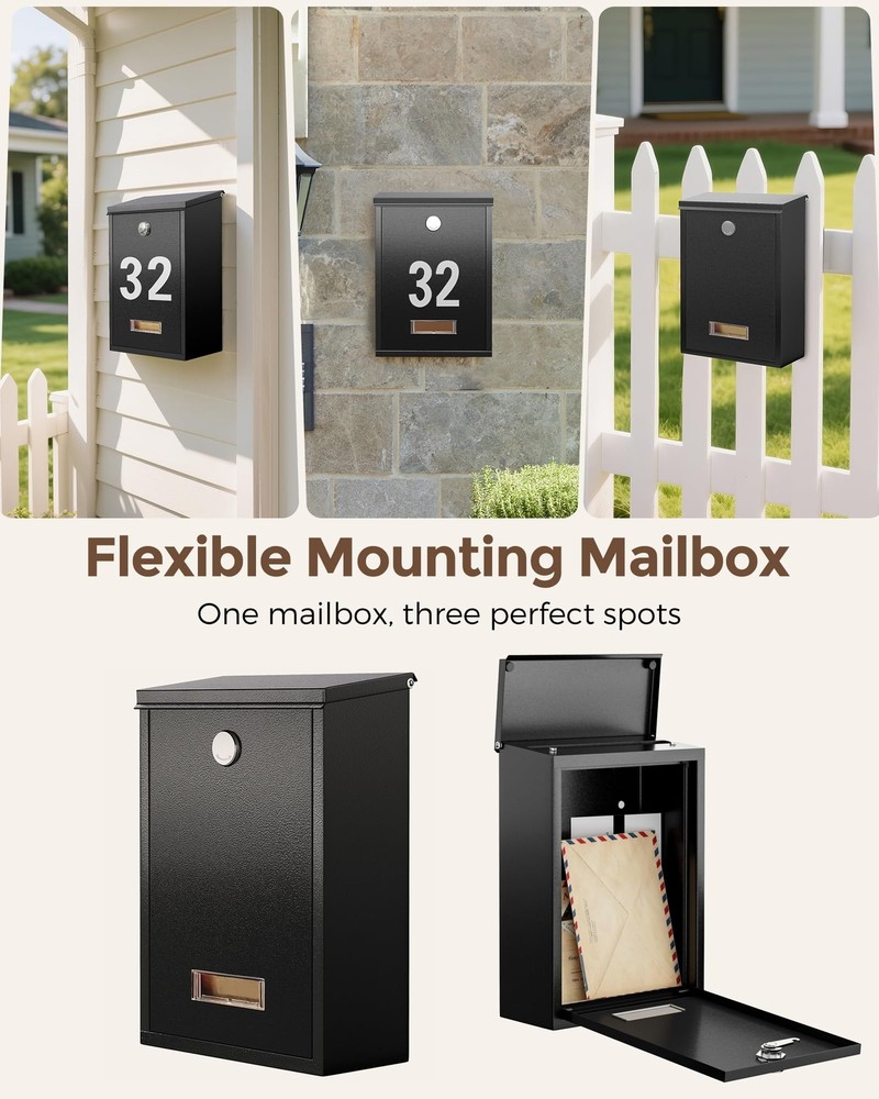 Locking Wall-Mount Mailbox for Outside with 4 Keys Galvanized Steel Rustproof...