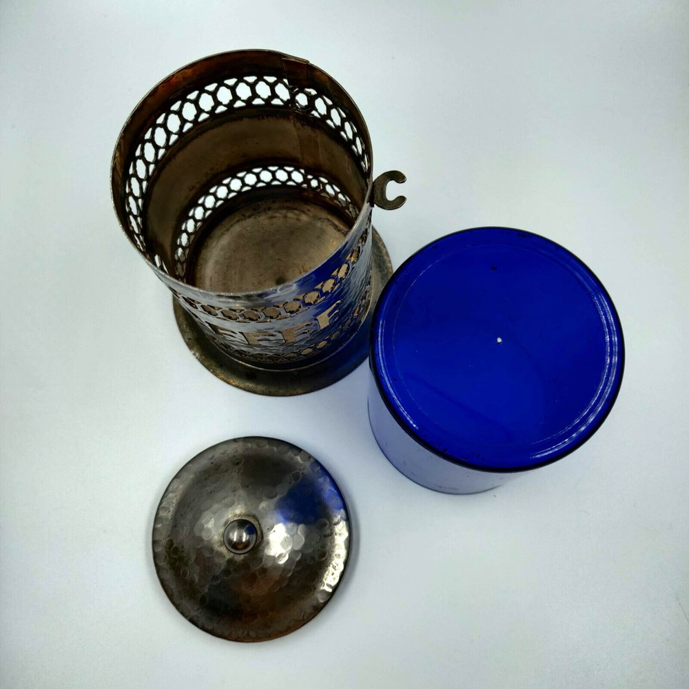Vintage English Hammer Plated Coffee Canister with Blue Plastic Insert Kitchen