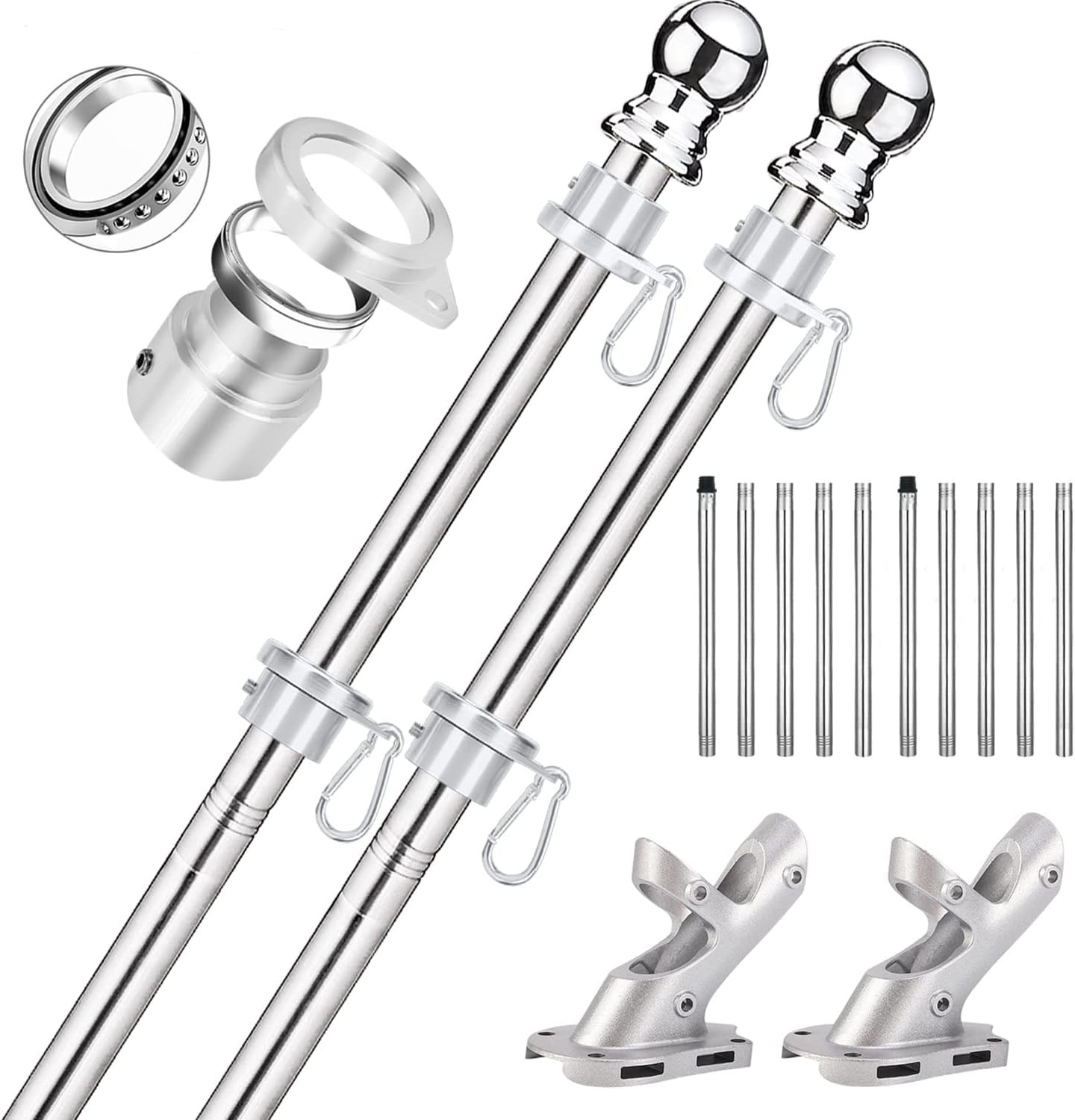 2 Pack Flag Poles for House, 6 FT Flag Pole Kit with 2 No-Tangle Aluminum Ring C