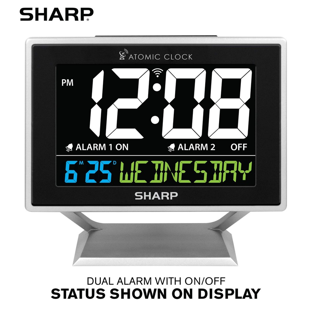Sharp Desktop Dual Alarm Clock with Color Display - Atomic Small, Silver