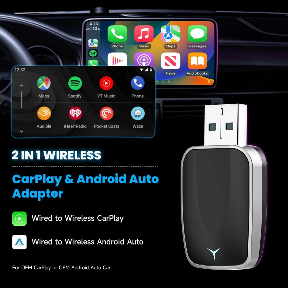 Wireless Carplay & Android Auto 2-in-1 Car Auto USB Dongle Adapter Plug & Play