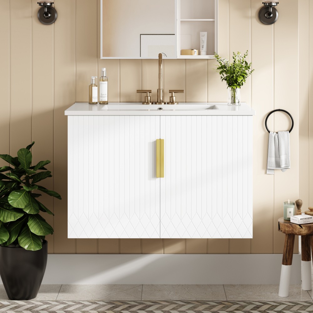 Bathroom Vanity W Ceramic Sink Three-Hole Mounting Features Two Soft-Close Doors
