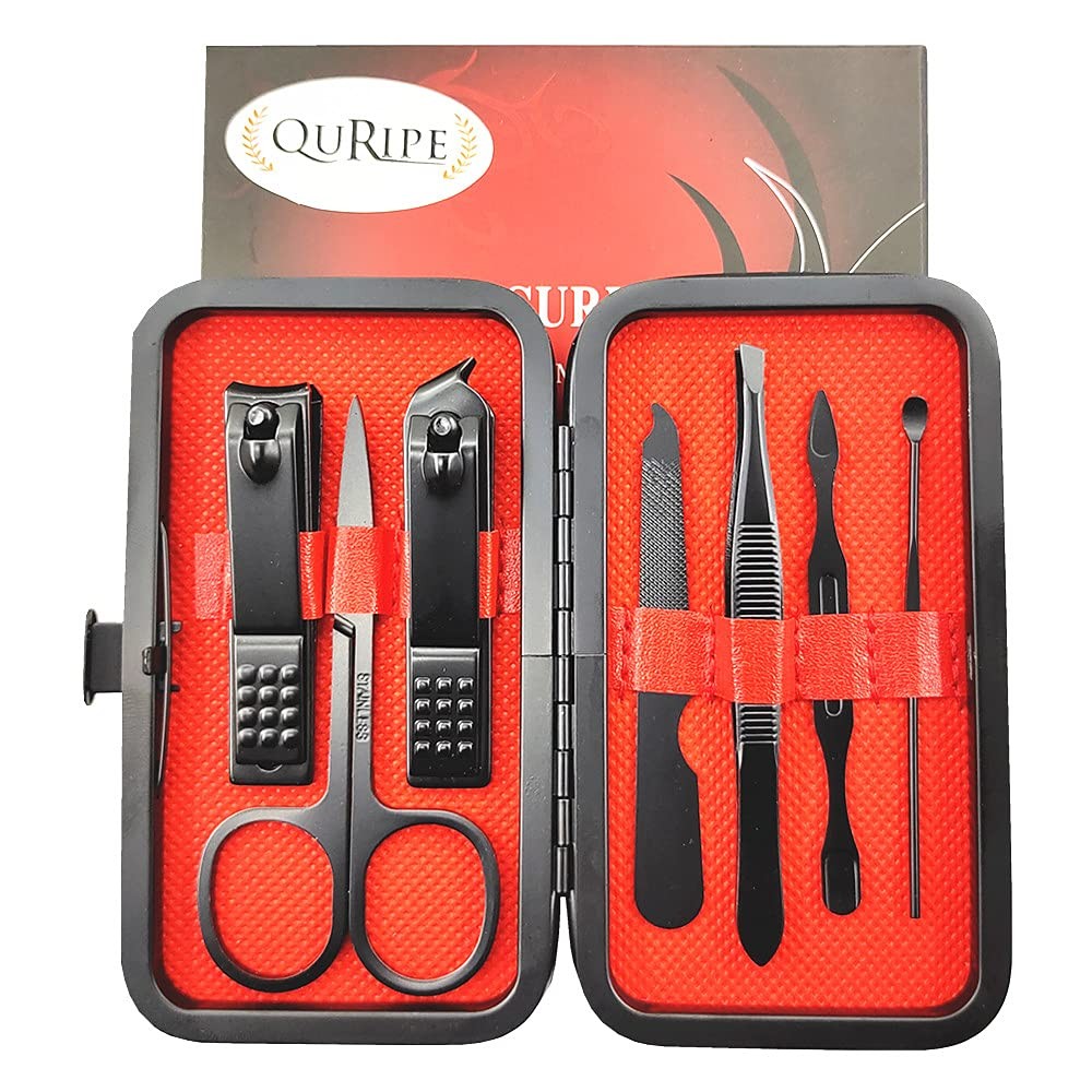 QURIPE 7pcs Manicure Set, Nail Clippers Kit, Stainless 7 Piece Black