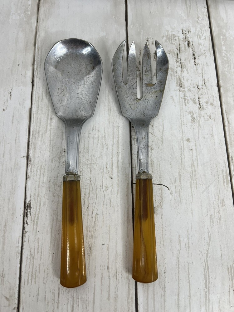 Vintage Serving Fork and Spoon Bakelite Catalin Handle Butterscotch MCM