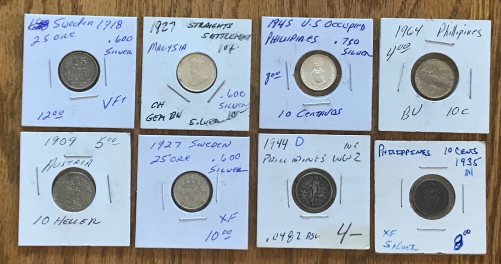 8 Silver Coins- various countries, years, mintmarks, condition and silver purity
