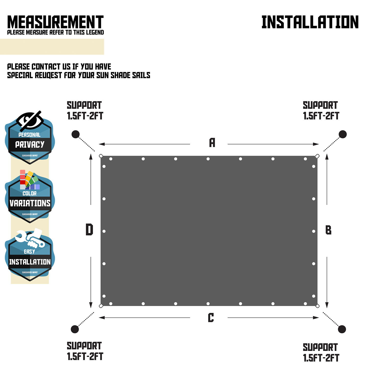 TANG Beige Straight Side Rectangle Permeable Sun Shade Patio Canopy w Grommets