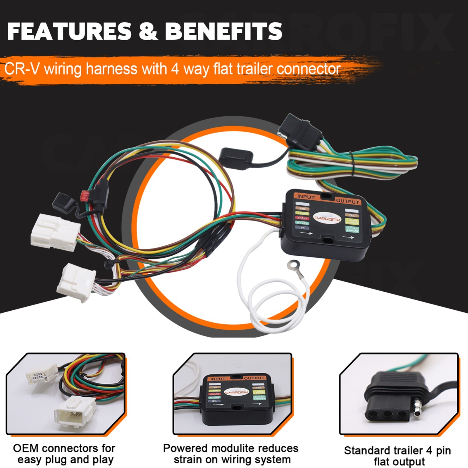 Vehicle Wiring Harness with 4 Way Flat Trailer Connector for 2012-2016 Honda CRV