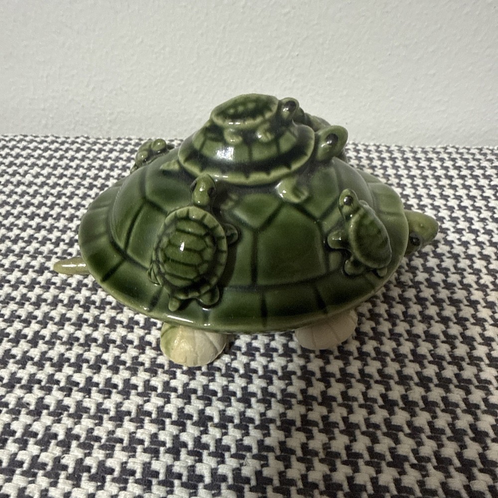 Vintage Ceramic Green Glazed Bobble Head Turtle 3” Long