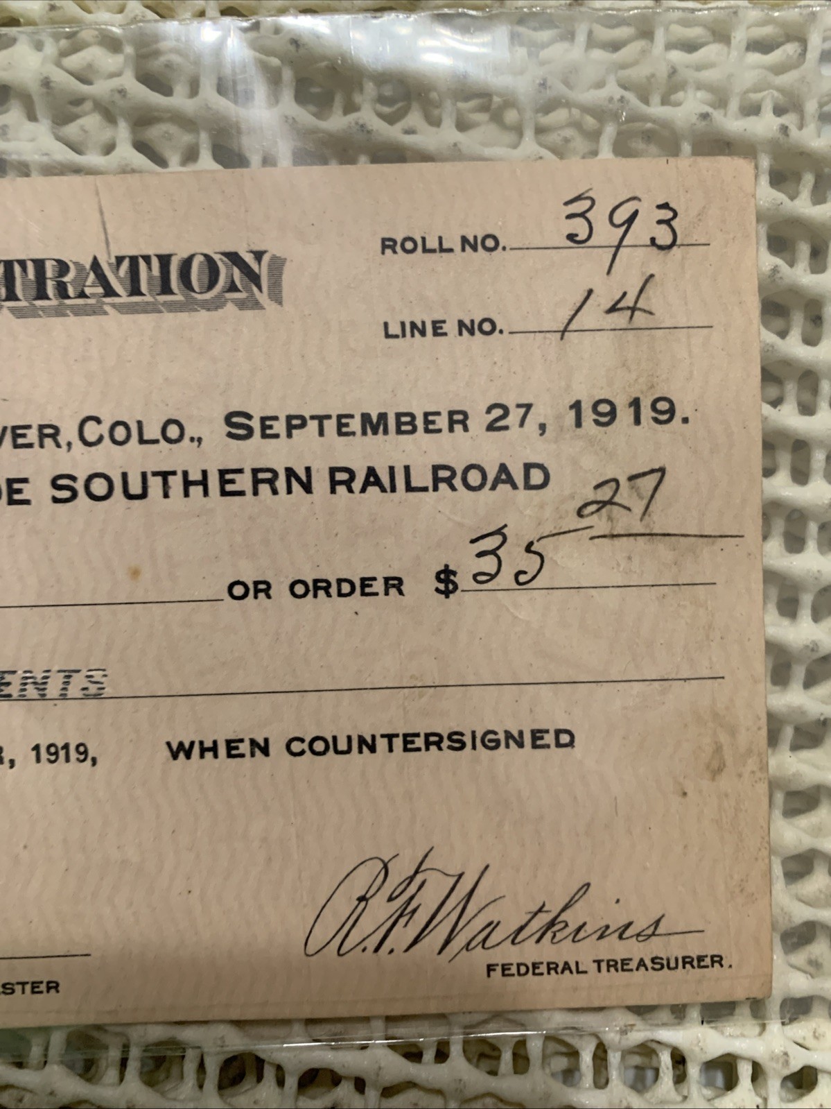 Antique 1919 Used/Cancelled Check Rio Grande Southern Railroad Company