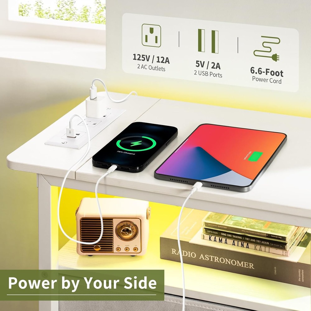 End Table W/ Charging Station LED Narrow Side Table Bedside Table Small Night